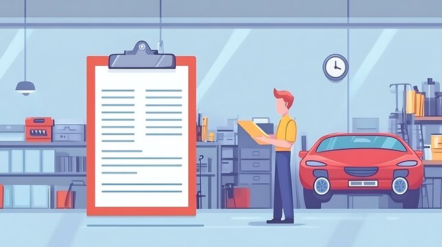 A person examines a document in a garage with a car and storage items.