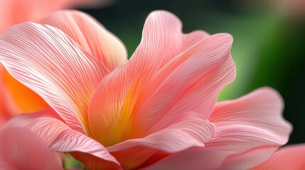 A delicate pink flower with soft, wavy petals showcasing vibrant hues of orange and yellow at the center.