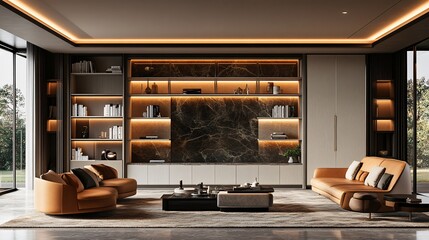 Modern Minimalist Beige-White-Grey Wardrobe Combination with Open Space for Books and Decor