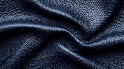 Naklejka premium Close-up view of rippled dark blue textured leather material, showcasing its detailed grain pattern and folds.