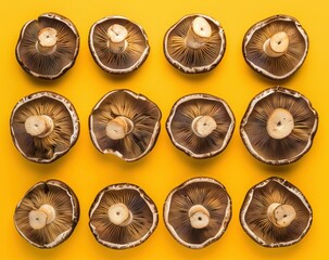 Mushrooms on yellow background, showcasing the unique textures and colors of fresh portobello mushrooms, perfect for culinary themes, healthy lifestyle, and food photography