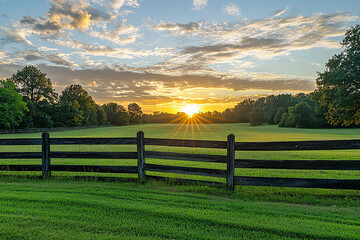 Fototapeta premium A serene sunrise over an old wooden fence, with the sun casting long shadows