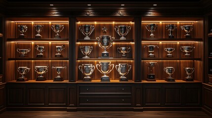 A dark wooden display case showcasing numerous shiny trophies and awards, illuminated by warm lights, highlighting achievements in various competitions.