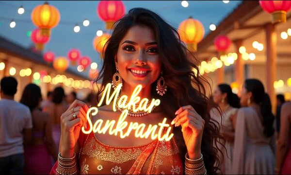 celebration of Makar Sankranti text hold by beautiful hindi girl