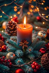 Luxury dark blue Christmas set decoration with candle and fir branch. Winter holiday greeting template card. Collection of seasonal festive background in Merry Christmas, Happy New Year design style.