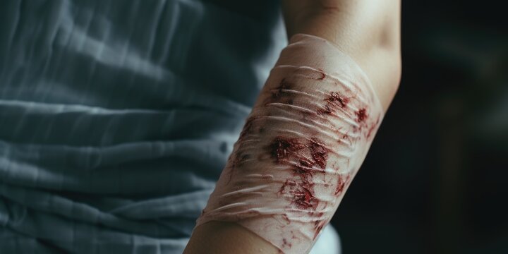Macabre close-up of a person's arm with fresh wounds from self-inflicted cuts.
