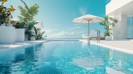 A Modern Minimalist White Pool Area in Spain: Sunlit Oasis with Umbrella and Ladder