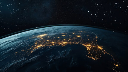 Fototapeta premium View of Earth from space at night showing illuminated city lights along coastlines and landmasses with a backdrop of stars and space darkness