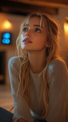 Fototapeta premium Glowing Ambiance: Captivating Portrait of a Beautiful Woman