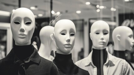 A collection of mannequins in a store window. They are used to showcase clothing and accessories for sale.