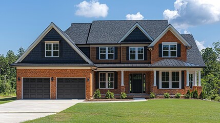 A beautiful two-story house featuring a brick facade, large windows, and a spacious lawn bathed in sunlight.