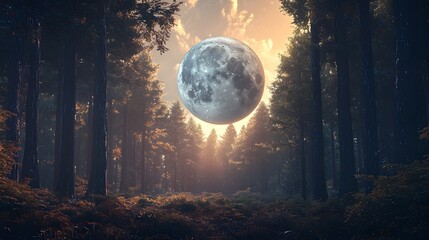 Naklejka premium Tranquil Alien Forest with Colossal Moon Casting Soft Glow over Surreal Landscape