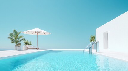 Fototapeta premium A Modern Minimalist White Pool Area in Spain: Sunlit Oasis with Umbrella and Ladder