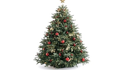 Fototapeta premium A decorated Christmas tree with ornaments and a star on top, symbolizing holiday celebrations.