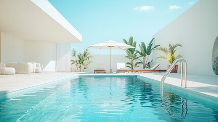 Fototapeta premium A Modern Minimalist White Pool Area in Spain: Sunlit Oasis with Umbrella and Ladder