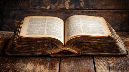 Obraz premium An opened antique book rests on a wooden surface, showcasing its aged pages filled with text, evoking a sense of history and knowledge.
