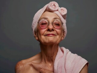 Elderly woman pictured in a bathroom, looking content and comfortable after her daily self-care ritual.