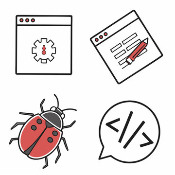 Set of four vector icons related to web development and programming, including a web browser with a gear, a bug, a browser with a pencil, and a speech bubble with code.