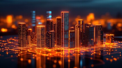 Futuristic cityscape glowing with orange digital network.
