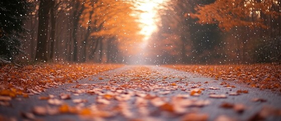 Fall Path, Autumn Leaves, Wet Road