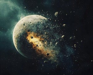 Naklejka premium Disintegrating Moon Orbiting Dying Planet Cosmic Debris Drifting into Space