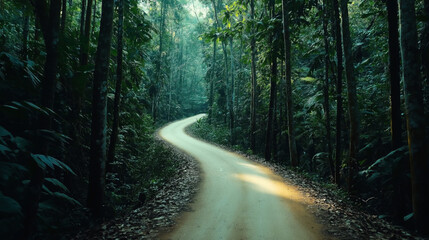 Obraz premium Curved dirt road winding through a lush, green tropical forest with dense foliage and tall trees under soft, diffused daylight.