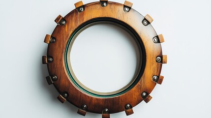 Naklejka premium A circular wooden frame with metal accents, resembling a porthole.