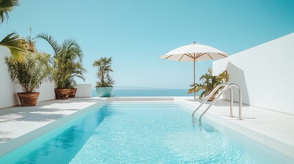 A Modern Minimalist White Pool Area in Spain: Sunlit Oasis with Umbrella and Ladder