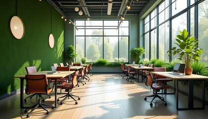 Modern office space with natural light and greenery, symbolizing productivity and innovation.