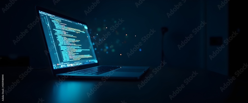 Poster a laptop displaying code in a dark room, symbolizing data analysis and ai predictions.