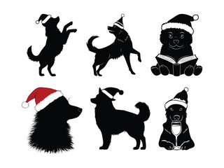 Christmas Alaskan Malamute Dog Silhouettes in Santa Hats - Festive Holiday Graphic for Seasonal Designs
