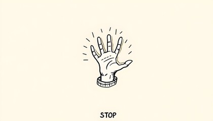 Illustration of a raised hand with 'stop' text, symbolizing caution or warning.