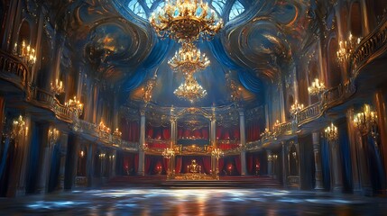 Obraz premium A grand, opulent ballroom featuring chandeliers, ornate decorations, and a majestic stage.