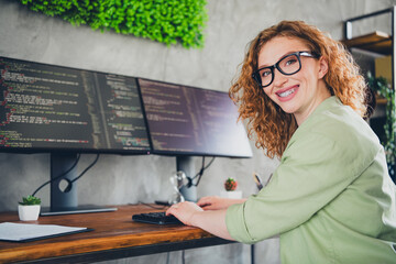 Profile photo of young hacker programmer girl toothy smile braces wear shirt workstation loft...