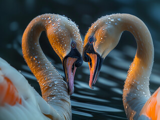 Abstract background. Surreal fantasy creatures, whimsical birds with sparkling, magical details. Smartphone and computer wallpaper. Love, loyalty, Valentine's Day.  3D illustration.
