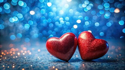 Obraz premium Two Glittery Red Hearts on Shimmering Blue Surface with Bokeh Lights for Romantic Love Scene