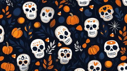Colorful Halloween-themed pattern with sugar skulls, pumpkins, autumn leaves, and candy corn on a dark background.