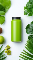Green Can Mockup with Tropical Leaves and Moss