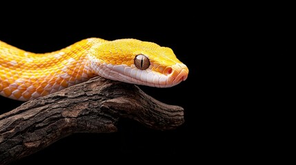 A close-up of a vibrant yellow snake resting on a branch against a black background, showcasing its stunning scales.