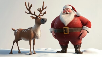 Santa cartoon with a reindeer by his side, standing on a white background, both smiling and ready for Christmas adventures