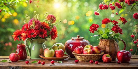 Vibrant Composition of Red Objects on a Green Background with Bokeh Effect for Stunning Visuals and Artistic Inspiration