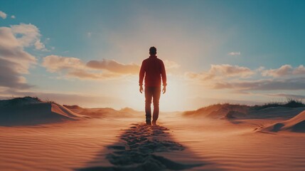 A man walking in the sand following God. Religious theme concept 