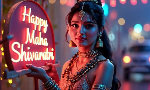 Happy Maha Shivaratri Neon Box Text held by beautiful hindi girl wearing shiva attribute
