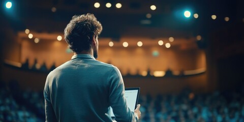 Obraz premium Man on stage, lecturing to audience in large hall.