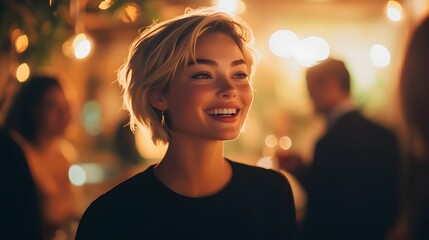 Candid photo of a woman socializing at a cocktail event, laughing and relaxed, surrounded by softly lit decor and other guests