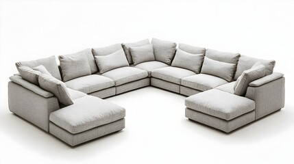 Contemporary L shaped Gray Fabric Sectional Sofa with Cushions and Armrests on White Background