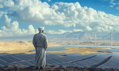 Man in desert observes solar and wind farms.