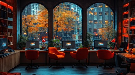 A modern office space with large windows overlooking an autumnal cityscape.