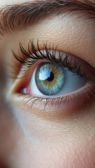 An extreme close-up of a human eye with detailed focus on the iris and lashes, symbolizing vision and perception. The image emphasizes clarity and observation.