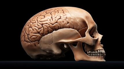 Detailed illustration showing a human skull with an exposed brain, positioned from a side view against a dark background. The anatomical features of the skull and brain are prominently displayed.